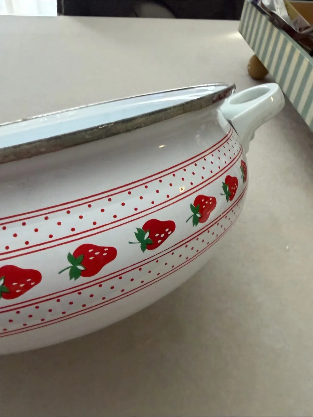 White Enamel  Bowl with Red Strawberry Motif